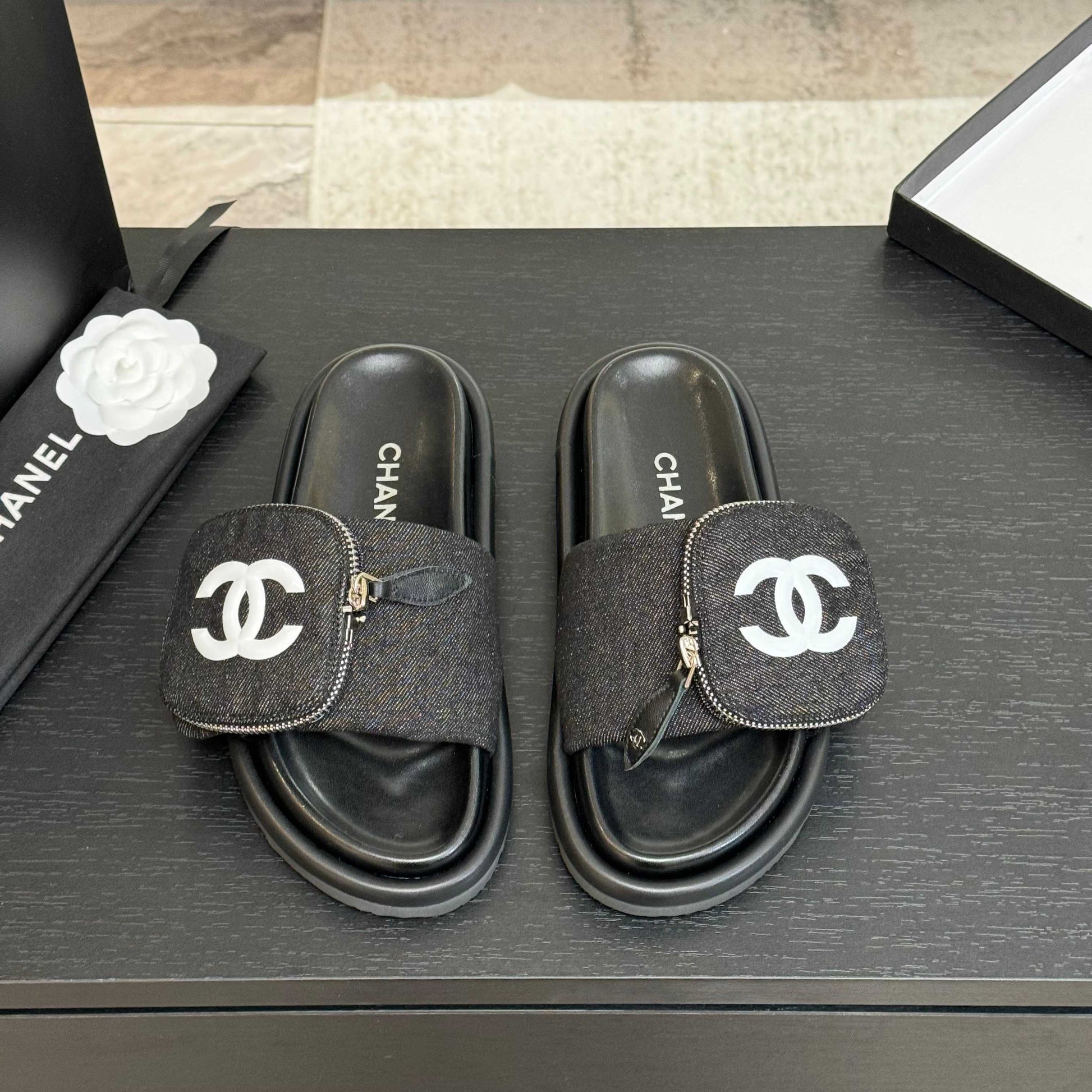 SLIDE IN BLACK DENIM FABRIC 45 MM