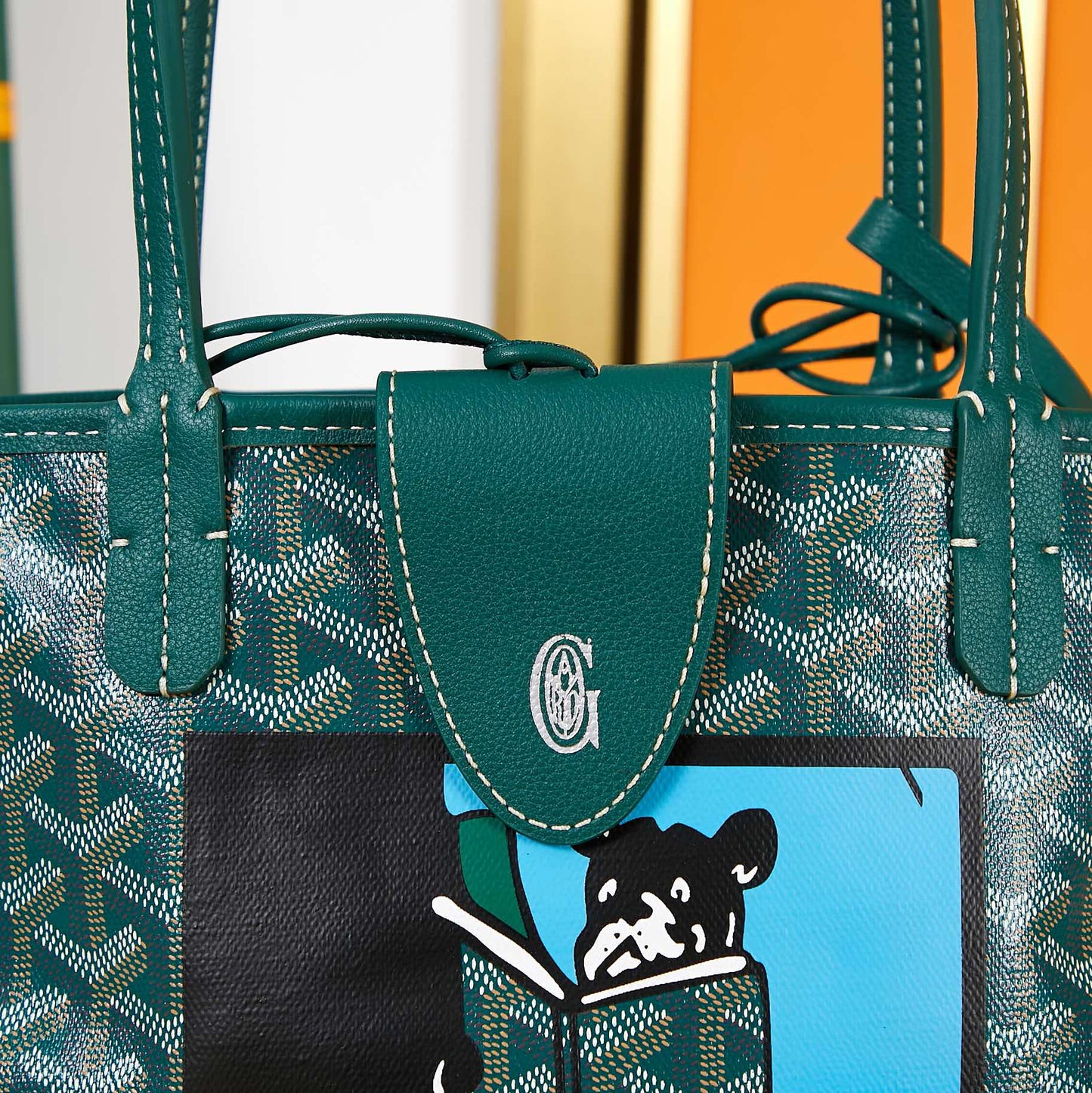 ANJOU MINI BAG 20 IN GREEN GOYARDINE CANVAS AND CALFSKIN WITH CARTOON PATCH