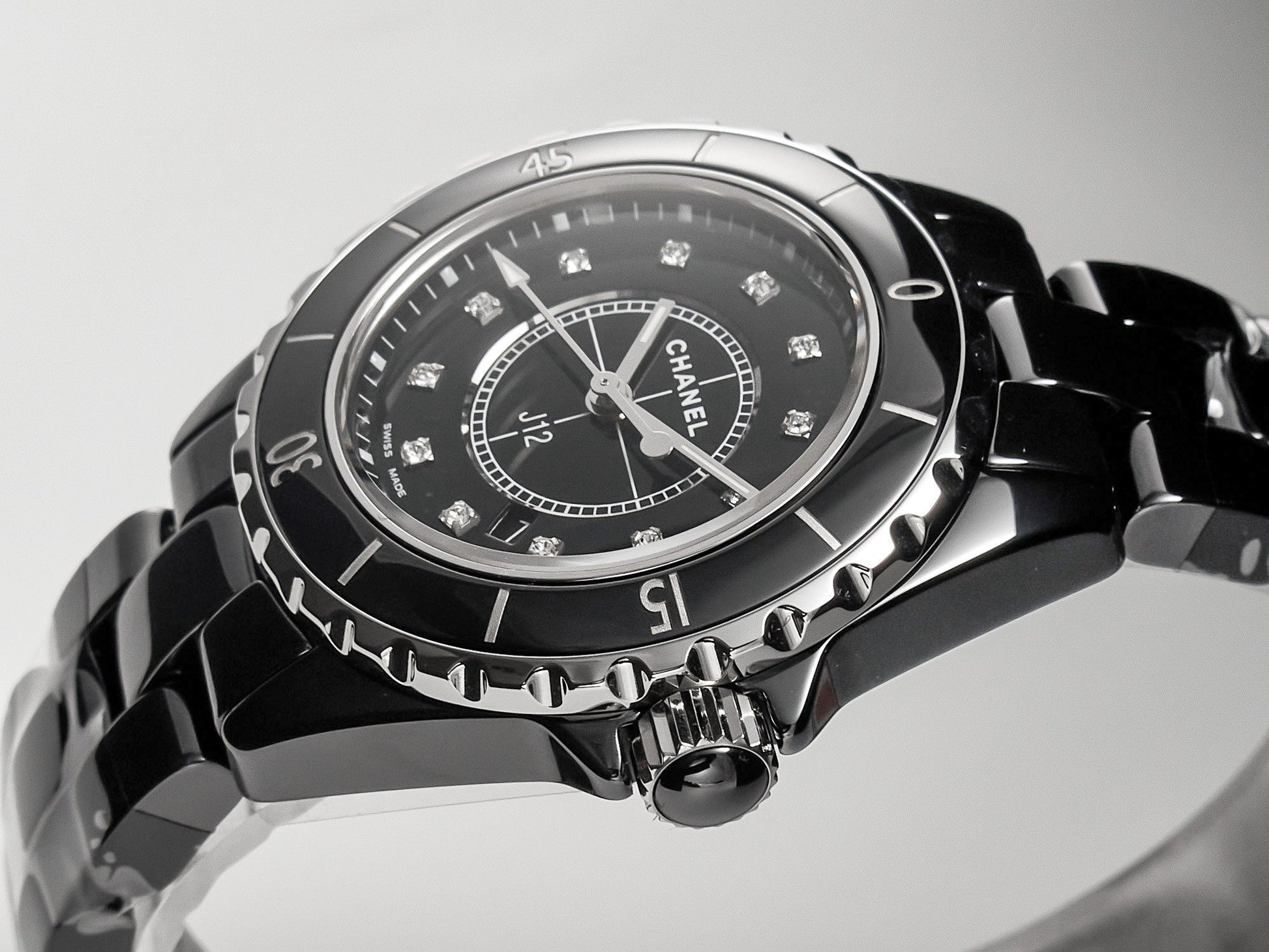 J12 Date Quartz Black Ceramic Diamond Numerals Black Dial