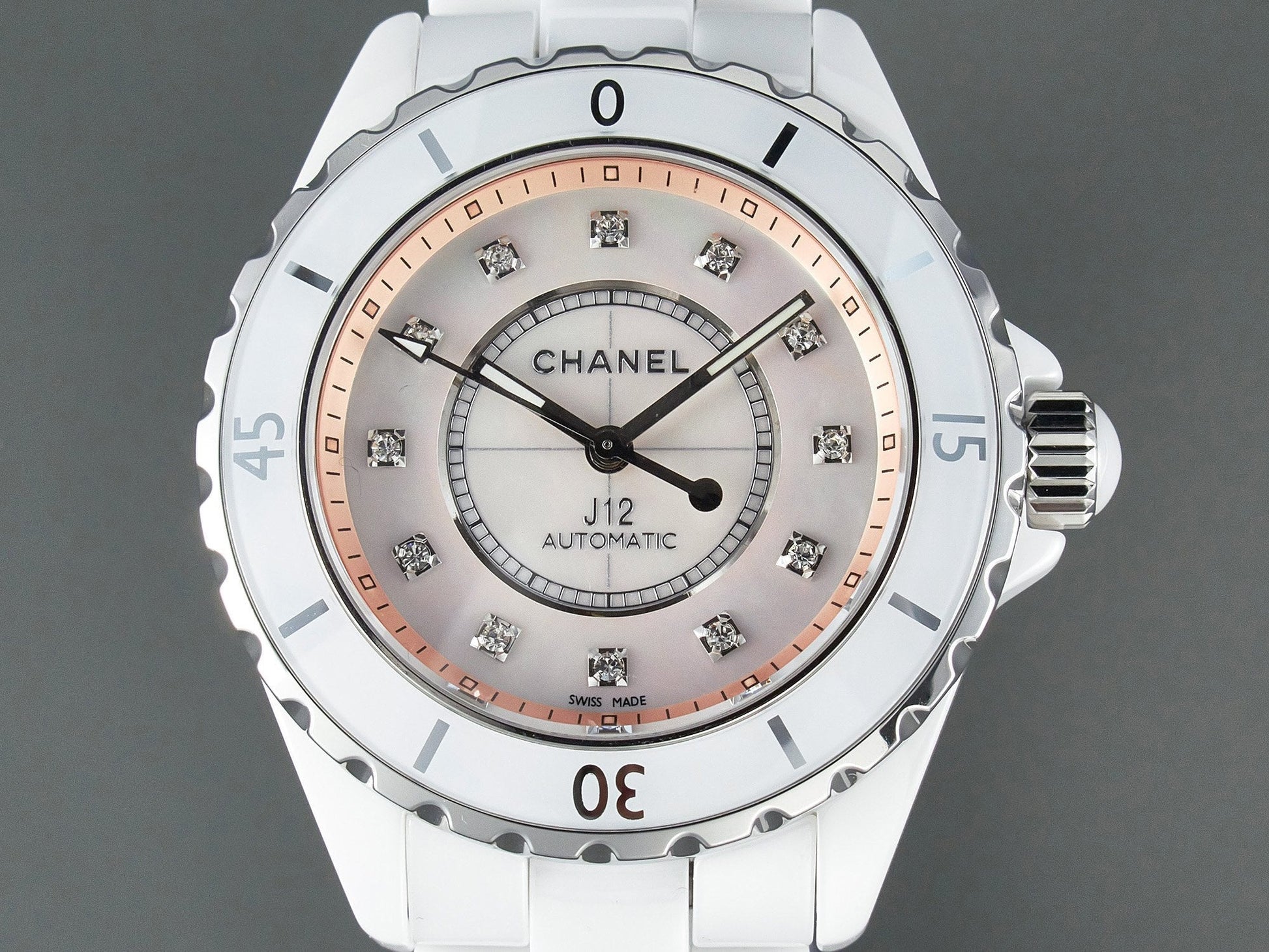 J12 Automatic White Ceramic Diamond Numerals Pink Mop Dial
