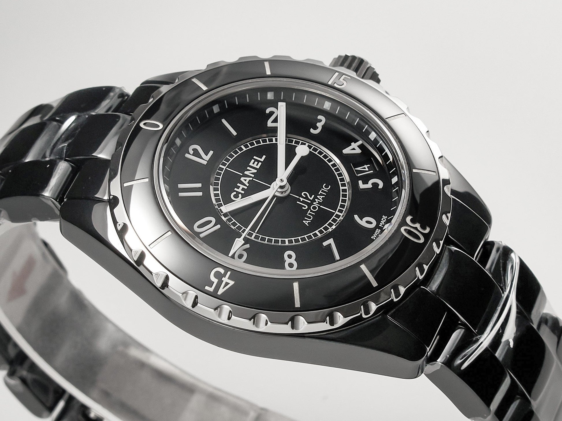 J12 Date Automatic Black Ceramic White Numerals Black Dial White Steel Hands
