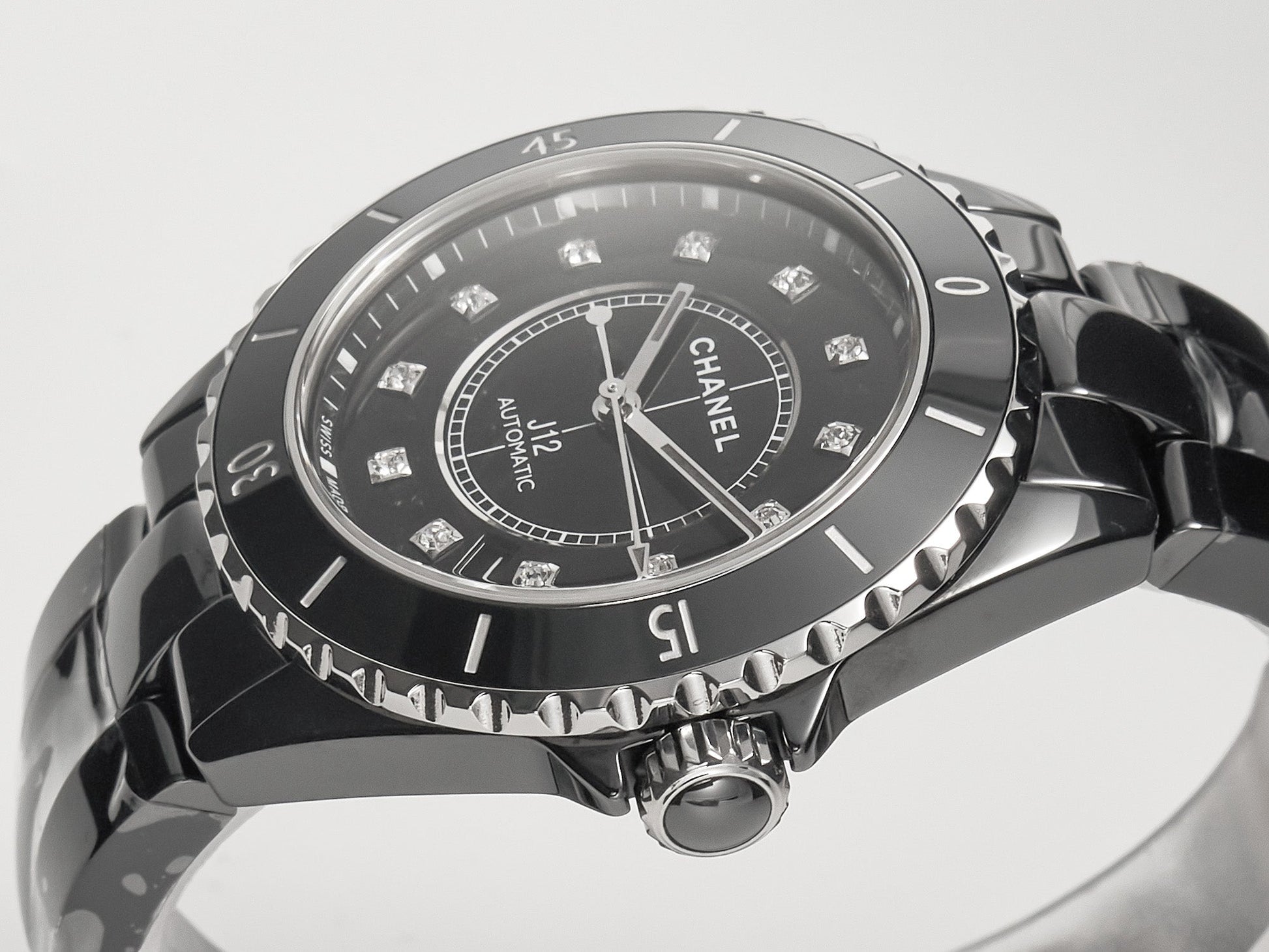 J12 Date Automatic Black Ceramic Diamond Numerals Black Dial Black Steel Hands
