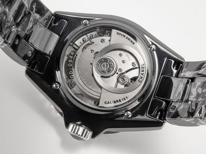 J12 Date Automatic Black Ceramic Diamond Numerals Black Dial Black Steel Hands