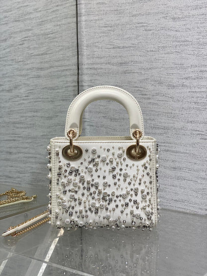 MINI 17 LADY BAG IN WHITE SATIN EMBROIDERED WITH BEADS 226310