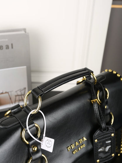 STUDDED BRIEFCASE 34 IN BLACK SHINY SMOOTH CALFSKIN