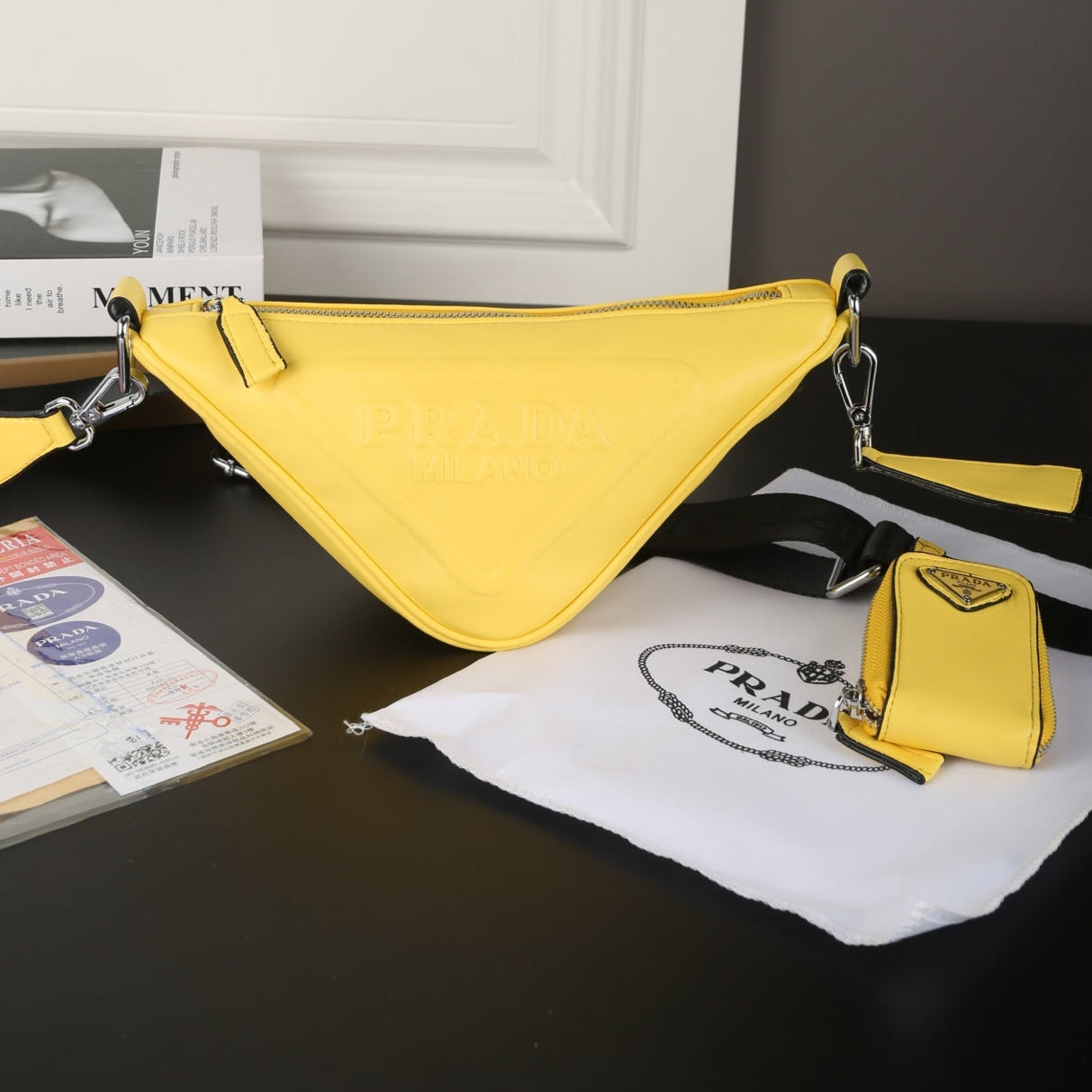 TRIANGLE SHOULDER BAG 27 IN LIGHT YELLOW SAFFIANO LEATHER