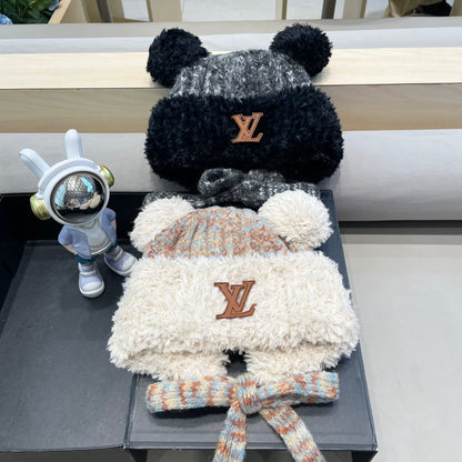 KNITTED BEANIE HAT IN BLACK MIX GRAY WOOL WITH CUTE BEAR EARS 422498