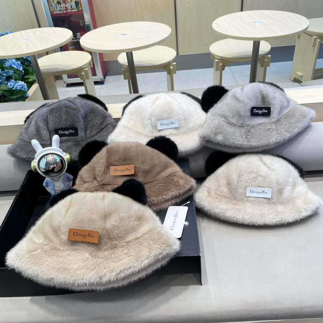 BUCKET HAT WITH CUTE BEAR EARS IN SILVER GRAY RABBIT FUR 434966
