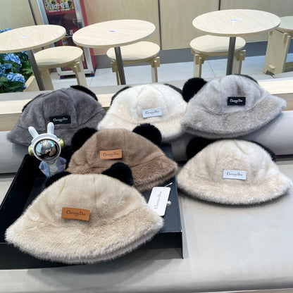 BUCKET HAT WITH CUTE BEAR EARS IN SILVER GRAY RABBIT FUR 434966