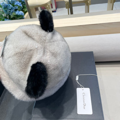 BUCKET HAT WITH CUTE BEAR EARS IN RHINO GRAY RABBIT FUR 434967