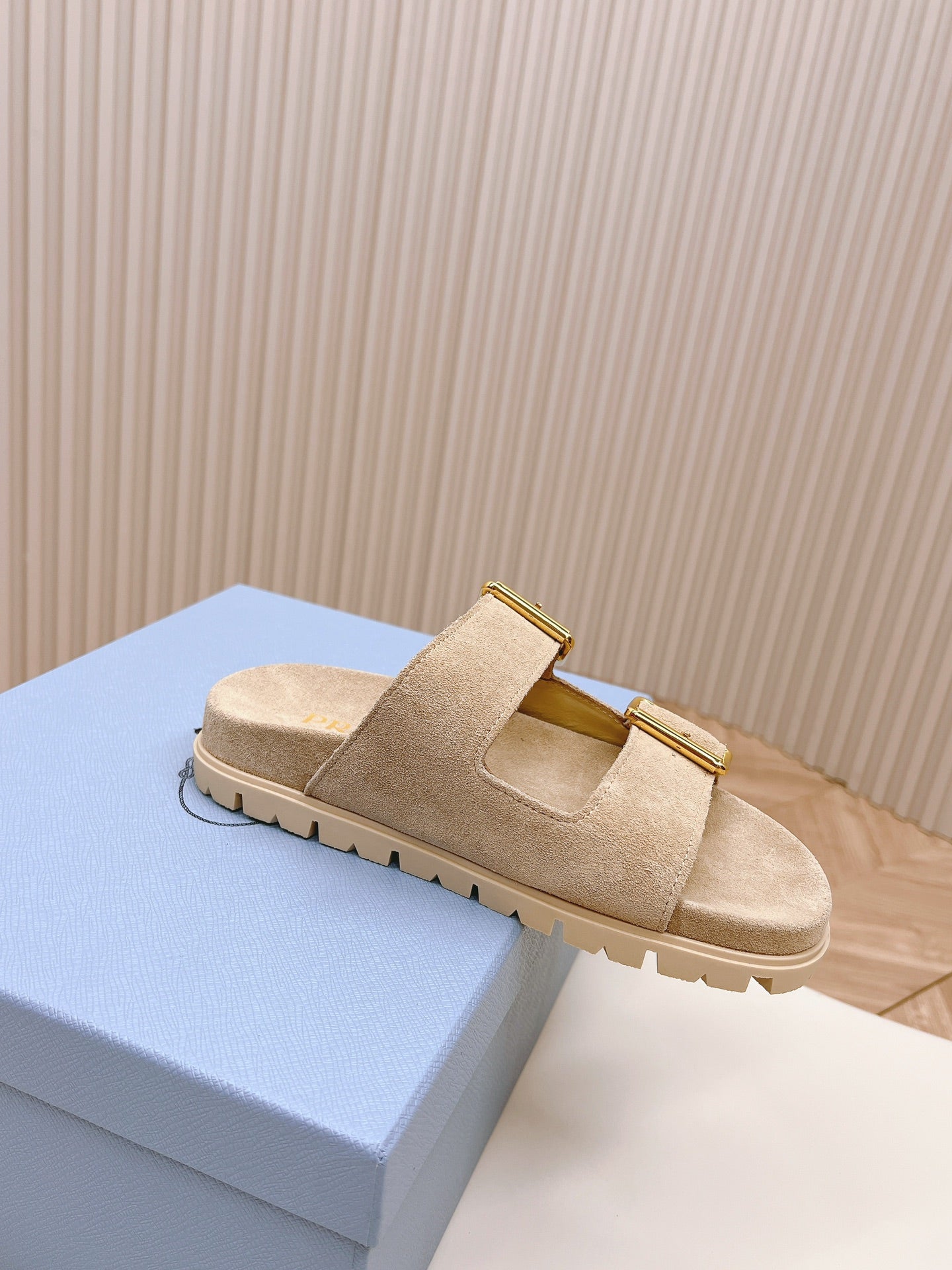 Double Buckle Strap Slides 20 Light Brown Suede