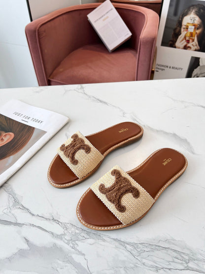 LYMPIA MULE BEIGE RAFFIA AND BROWN WOOL LOGO