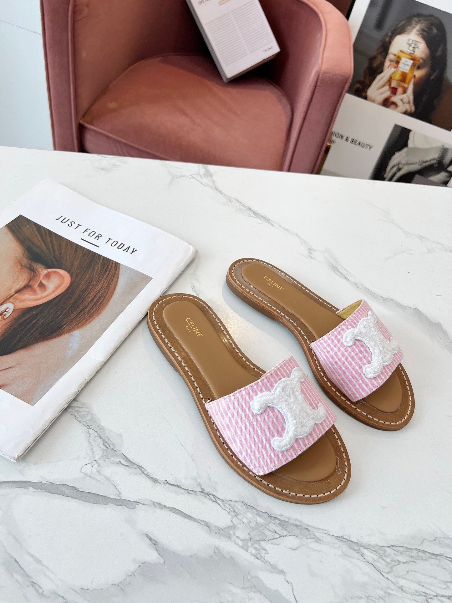 LYMPIA MULE STRIPED LIGHT PINK CANVAS WOOL LOGO