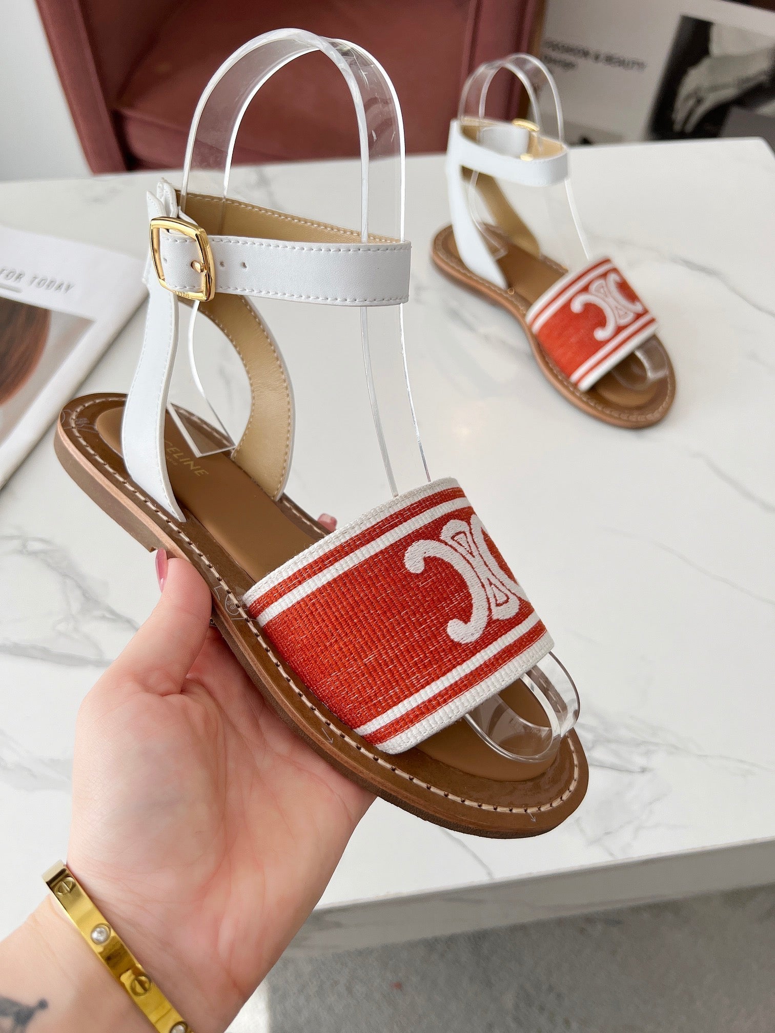 LYMPIA SANDAL IN RED MIX WHITE TRIOMPHE JACQUARD CANVAS & CALFSKIN
