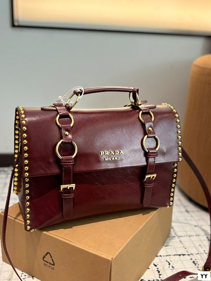 STUDDED BRIEFCASE 34 IN BURGUNDY RED SHINY SMOOTH CALFSKIN