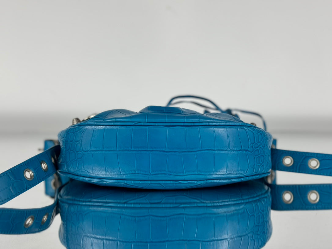 LE CAGOLE SMALL SHOULDER BAG 26 WITH RHINESTONES IN DODPER BLUE CROCODILE EMBOSSED CALFSKIN