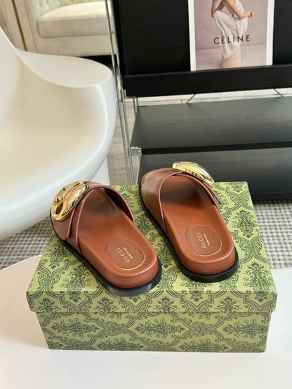 WOMEN'S SLIPPER IN BRONZE BROWN CALFSKIN WITH GOLD HARDWARE