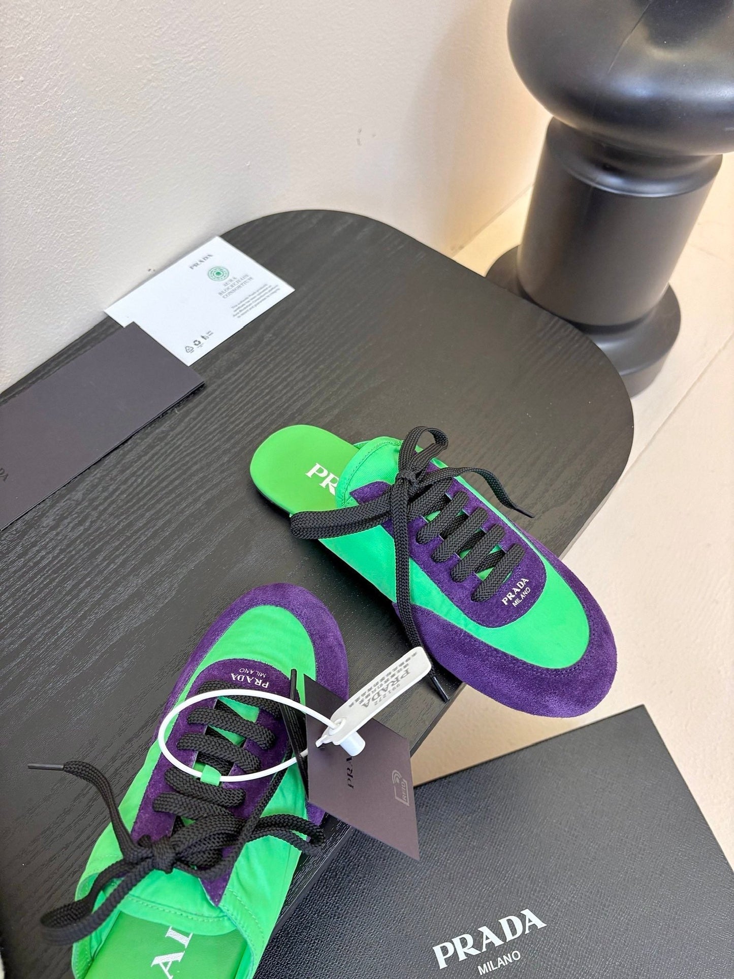 SNEAKER MULES IN GREEN NYLON AND PURPLE SUEDE