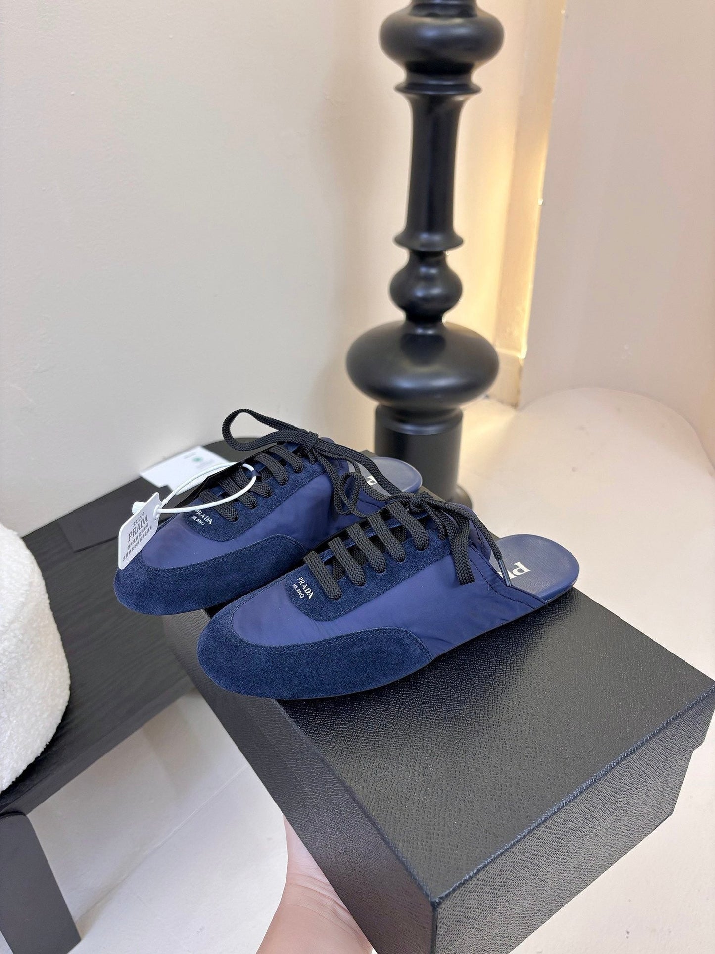 SNEAKER MULES IN NAVY BLUE NYLON AND SUEDE