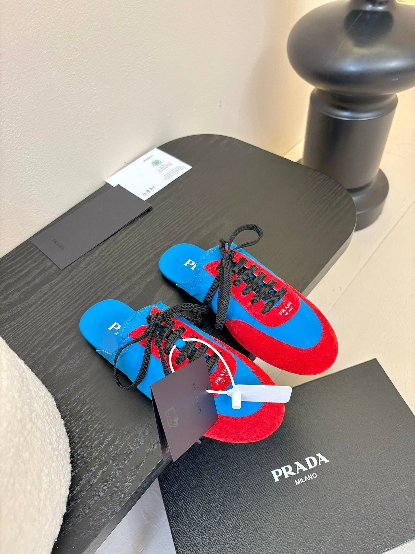 SNEAKER MULES IN BLUE NYLON AND RED SUEDE