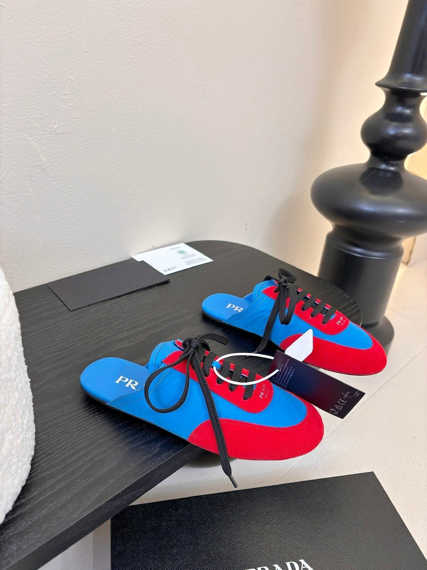 SNEAKER MULES IN BLUE NYLON AND RED SUEDE