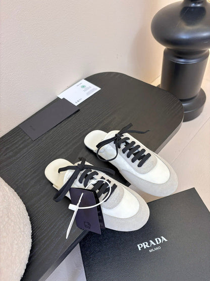 SNEAKER MULES IN BEIGE SUEDE AND WHITE NYLON