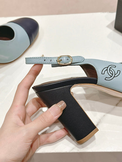 HIGH SLINGBACKS LIGHT BLUE MIX BLACK SHEEPSKIN