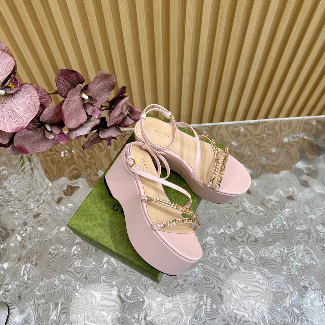 GG PLATFORM SANDAL PASTEL PINK CALFSKIN WITH CHAINS