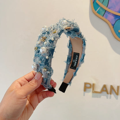 LIGHT BLUE MIX PALE GRAY FABRIC HAIRBAND WITH PEARL 410863