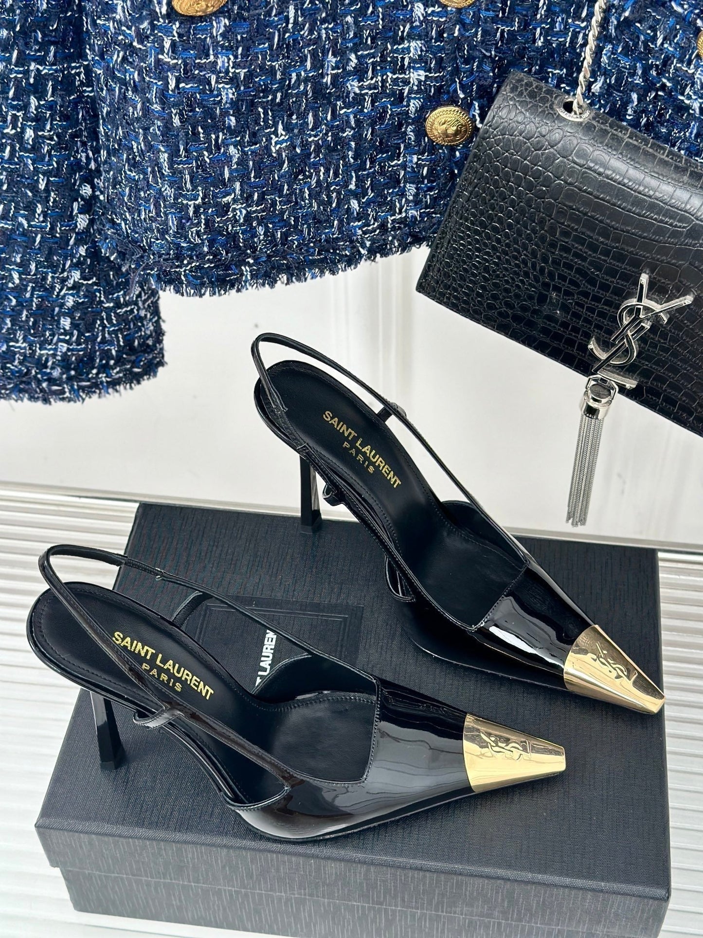 SL JEANNE SLINGBACK PUMPS BLACK POLISHED CALFSKIN
