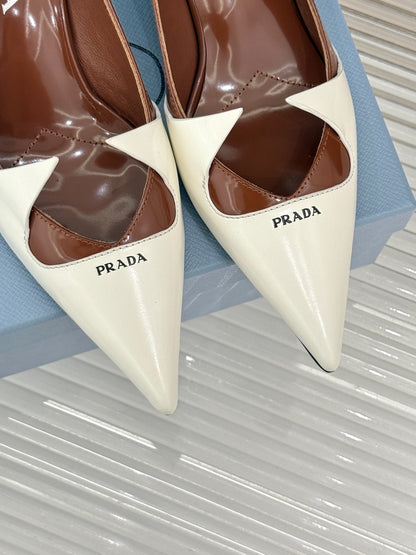 KITTEN HEEL PUMPS IN WHITE MIX BROWN CALFSKIN