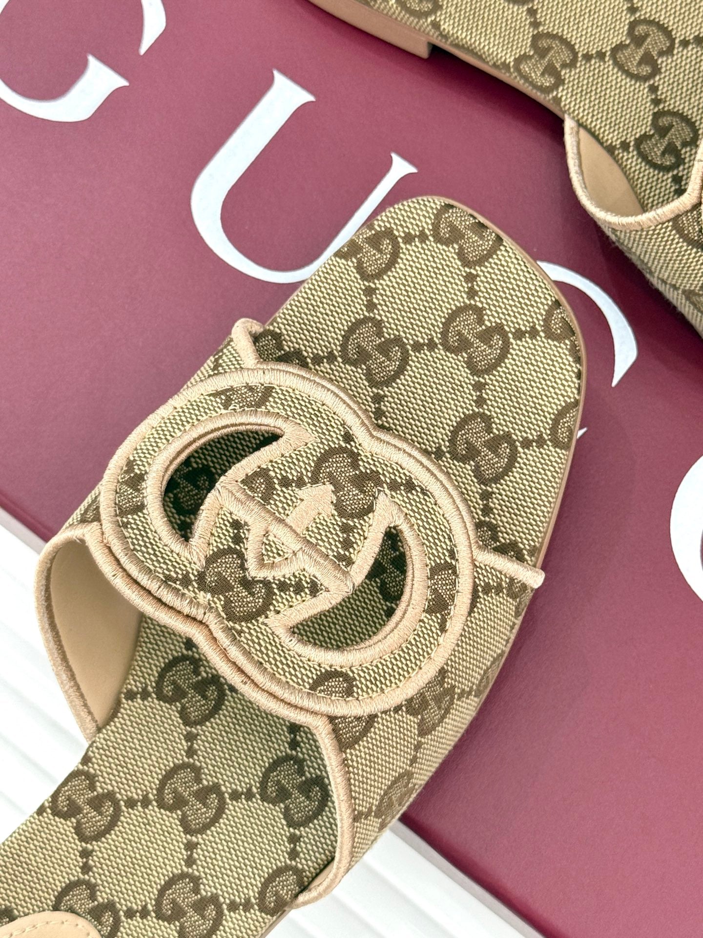 SLIDE SANDALS IN DARK BEIGE FABRIC EMBOSSED LOGO STYLE 3