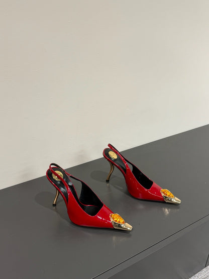 ORANGE GEM-STUDDED SLINGBACK PUMPS IN RED PATENT CALFSKIN