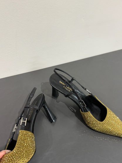 HIGH SLINGBACKS POINTED-TOE IN METALLIC GOLD LAMBSKIN WITH CRYSTALS