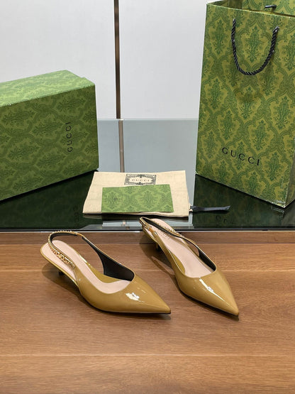 GG HIGH SLINGBACK 4.5 CM IN DIJON YELLOW GLOSSY CALFSKIN WITH GOLD HARDWARE