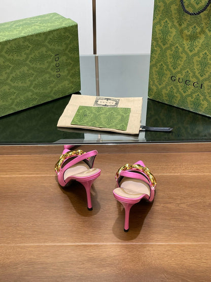 GG HIGH SLINGBACK 10.5 CM IN FUSICA PINK GLOSSY CALFSKIN WITH GOLD HARDWARE