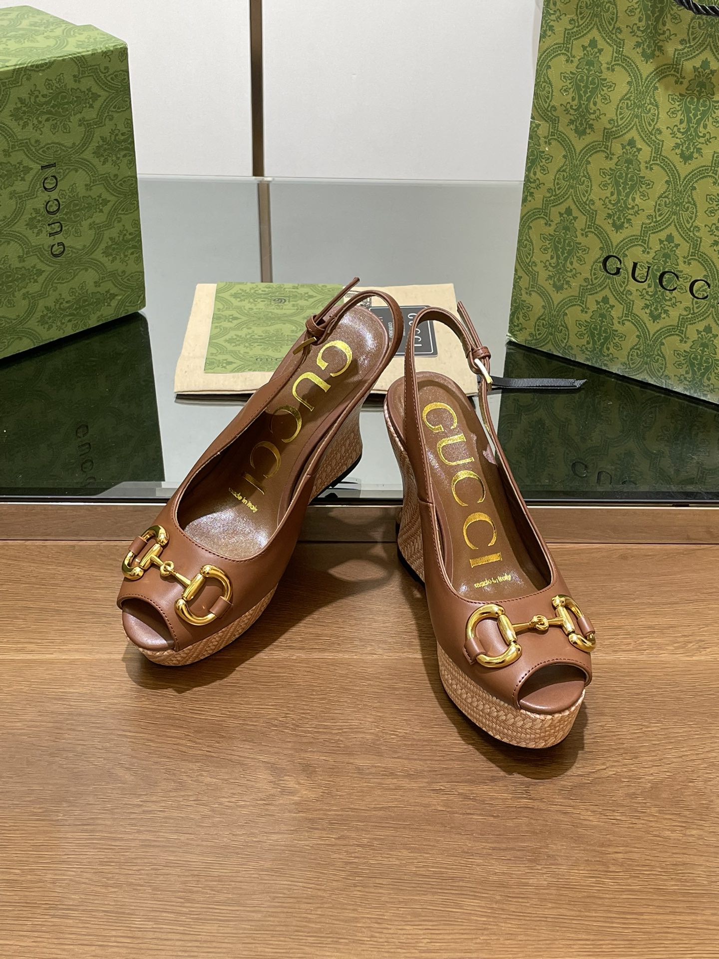 GG WEDGE PLATFORM IN CHOCOLATE BROWN CALFSKIN WITH GOLD HARDWARE
