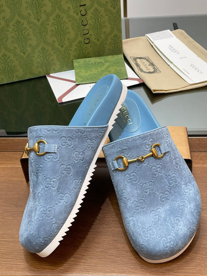GG HORSEBIT MULE IN LIGHT BLUE EMBOSSED SUEDE AND SHEEPSKIN LINING