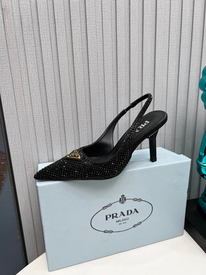 CRYSTAL SATIN HIGH-HEEL SLING BACK PUMPS BLACK
