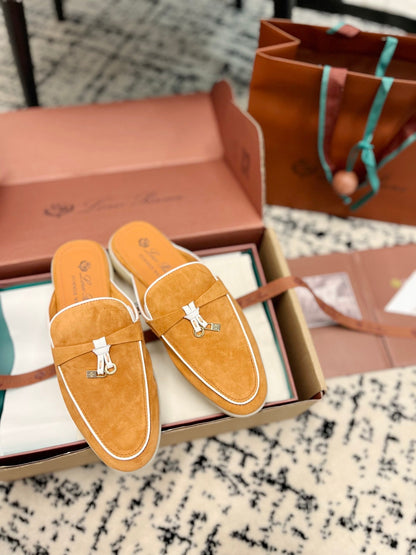 Loro Piana Salmon White Suede Charms Walk Flat Mules