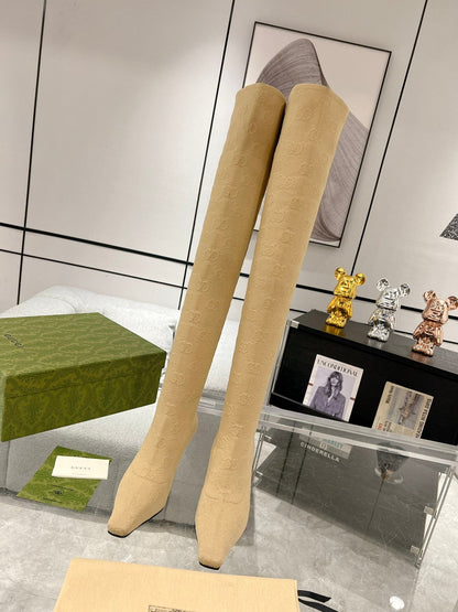 THIGH HIGH BOOTS IN BEIGE KNITTED FABRIC