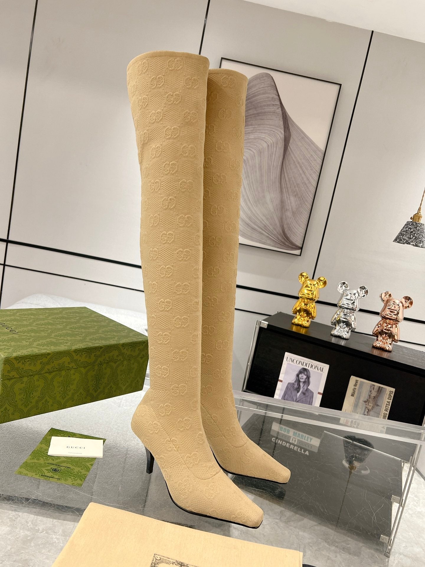 THIGH HIGH BOOTS IN BEIGE KNITTED FABRIC