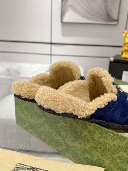 HORSEBIT MULE IN ROYAL BLUE SUEDE AND FLEECE LINING