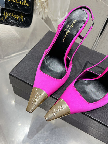 HIGH HEEL 10 CM SLINGBACK IN BRIGHT PINK CALFSKIN WITH GOLD HARDWARE