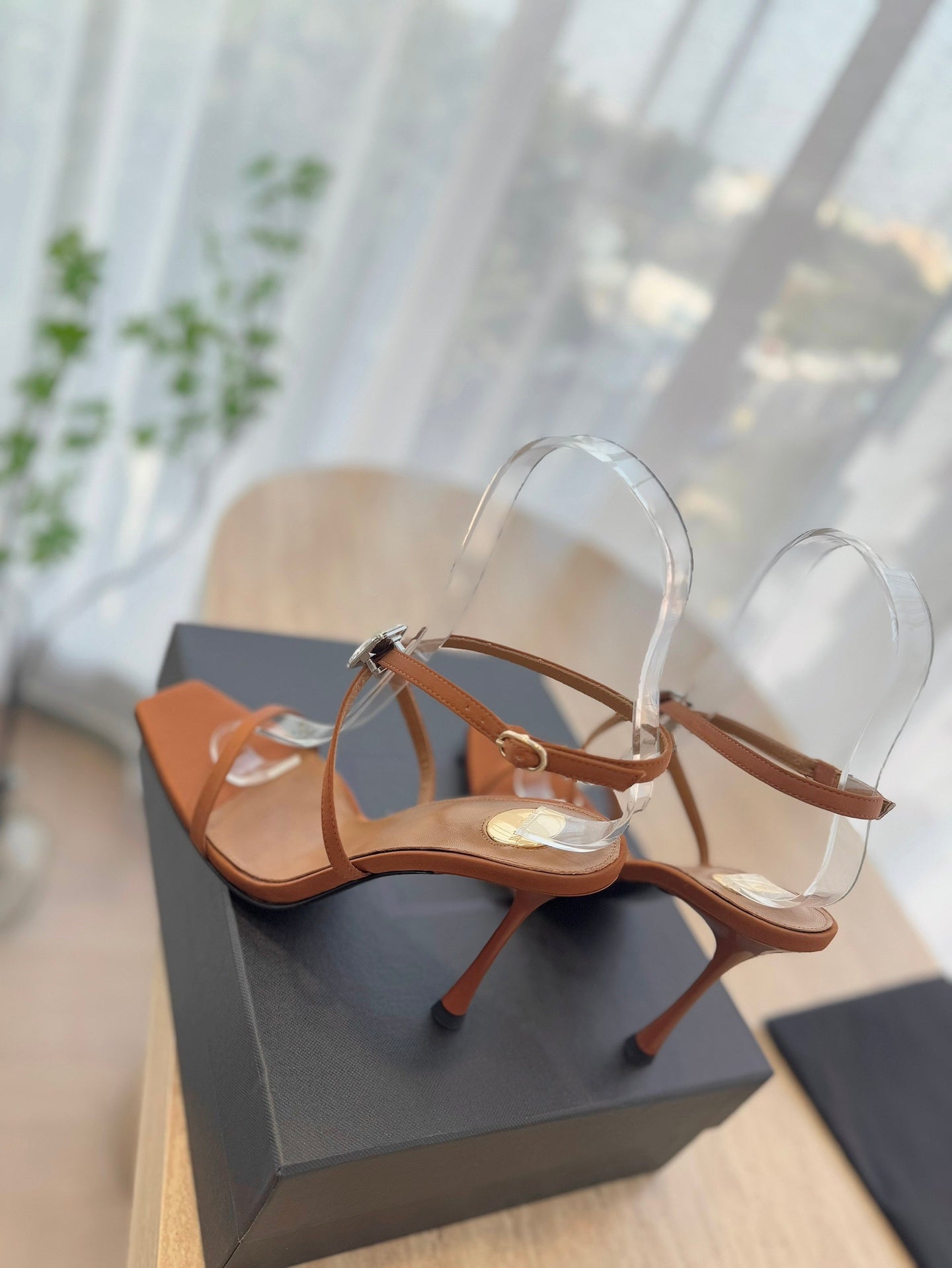 HIGH HEEL SANDAL 10 CM IN BRONZE BROWN SATIN CREPE AND CRYSTAL