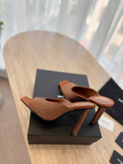 HIGH HEEL BLONDE MULE 10 CM IN BRONZE BROWN SATIN WITH RHINESTONES