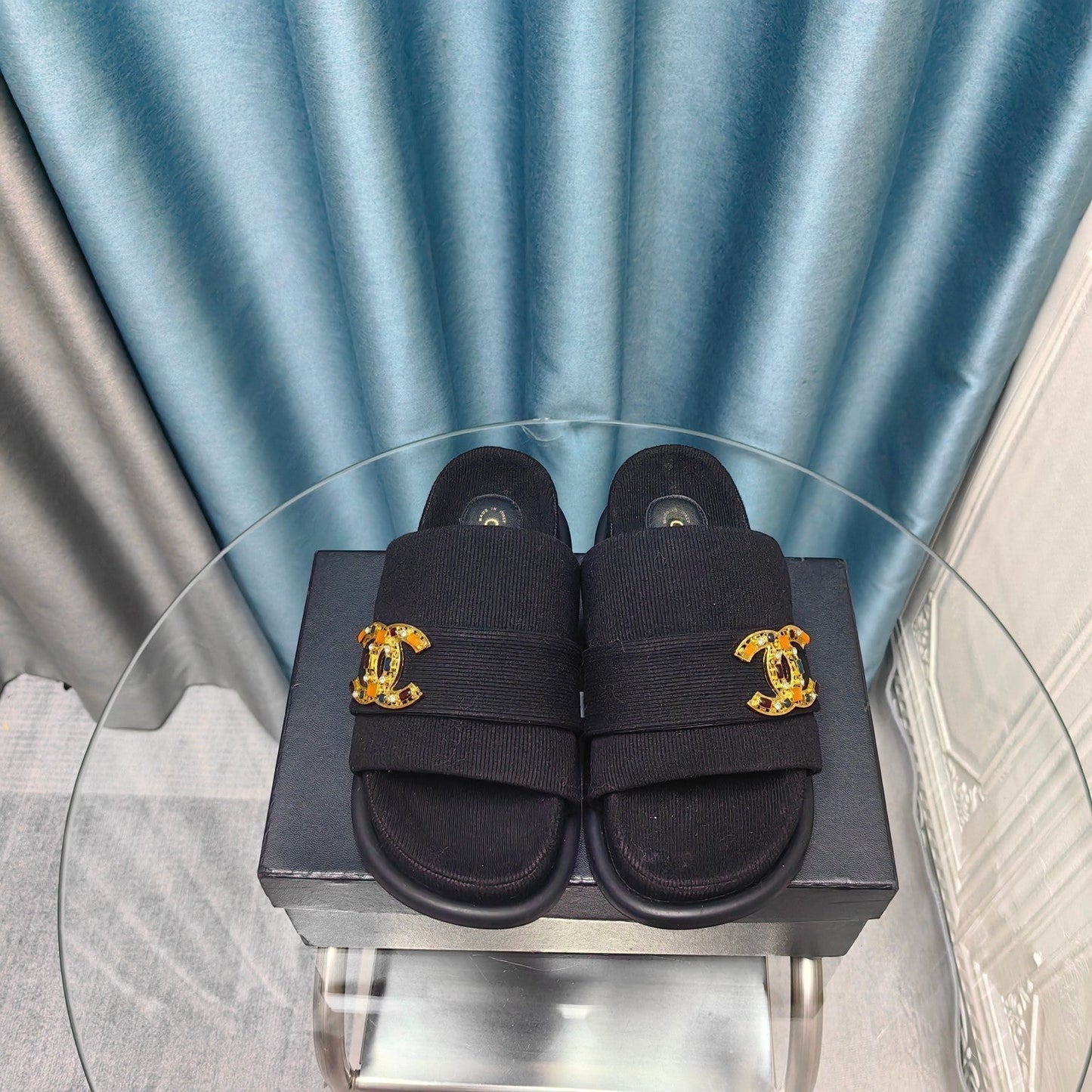 PLATFORM HEELS SANDALS IN BLACK WOOLEN FABRIC