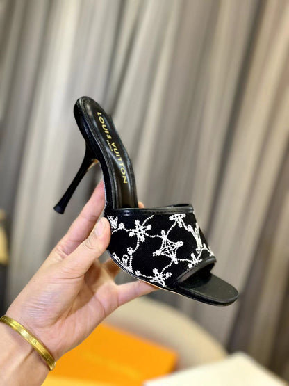 NEO REVIVAL HIGH MULE 95 MM IN BLACK EMBROIDERED FABRIC