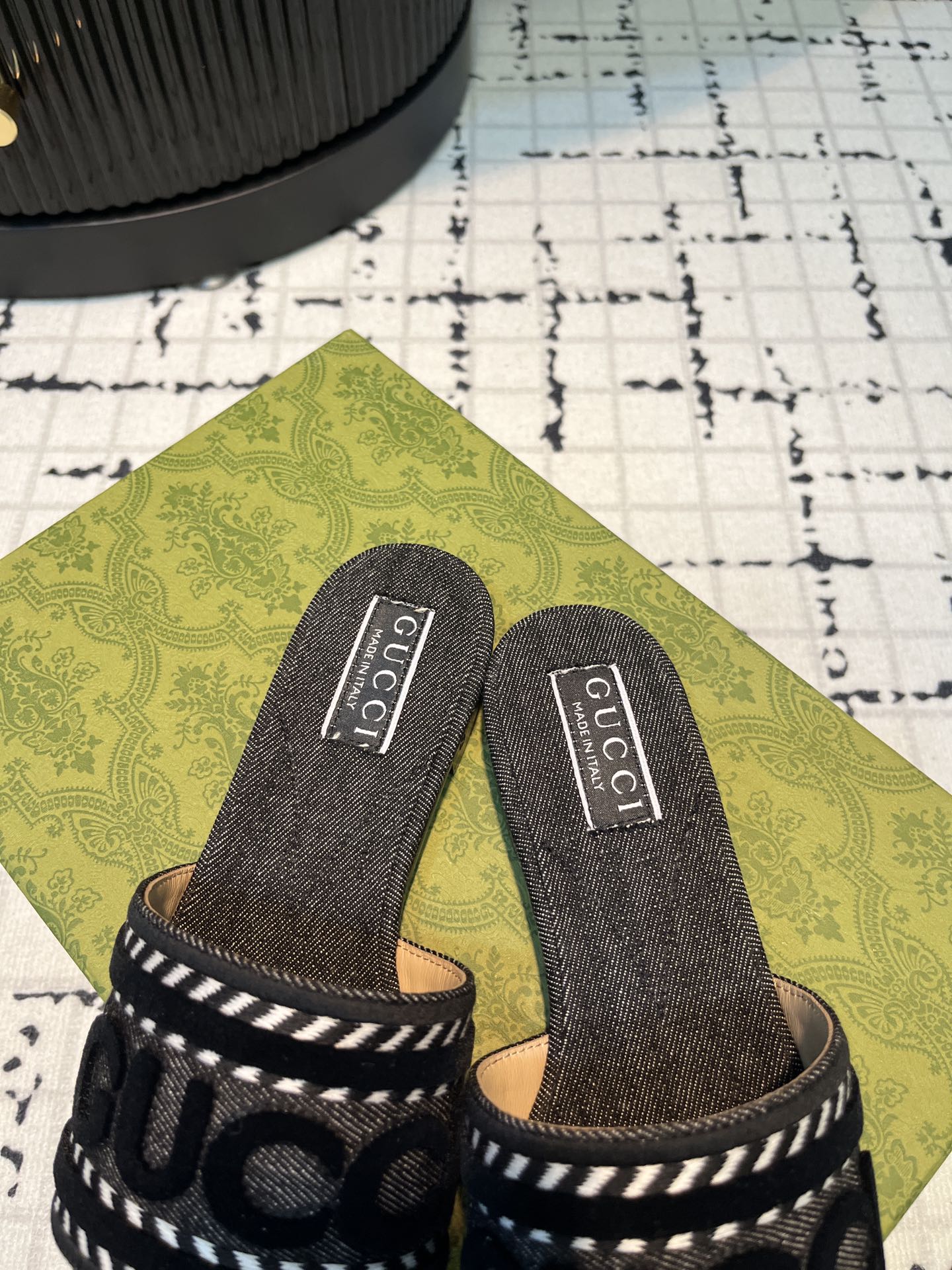 GG SLIDE SANDAL WITH GUCCI SCRIPT BLACK DENIM