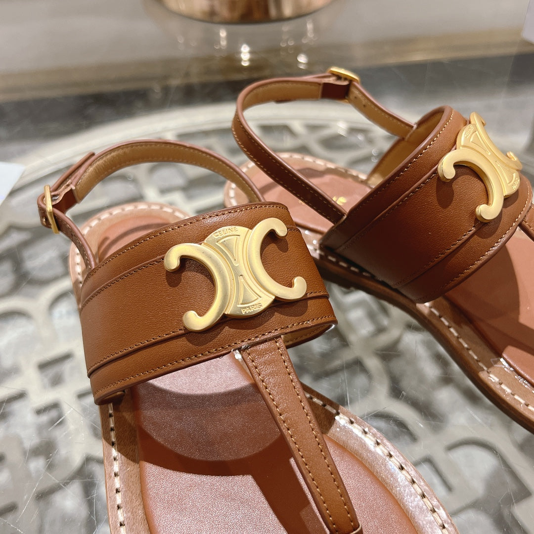 LYMPIA TRIOMPHE THONG IN CALFSKIN CARAMEL BROWN